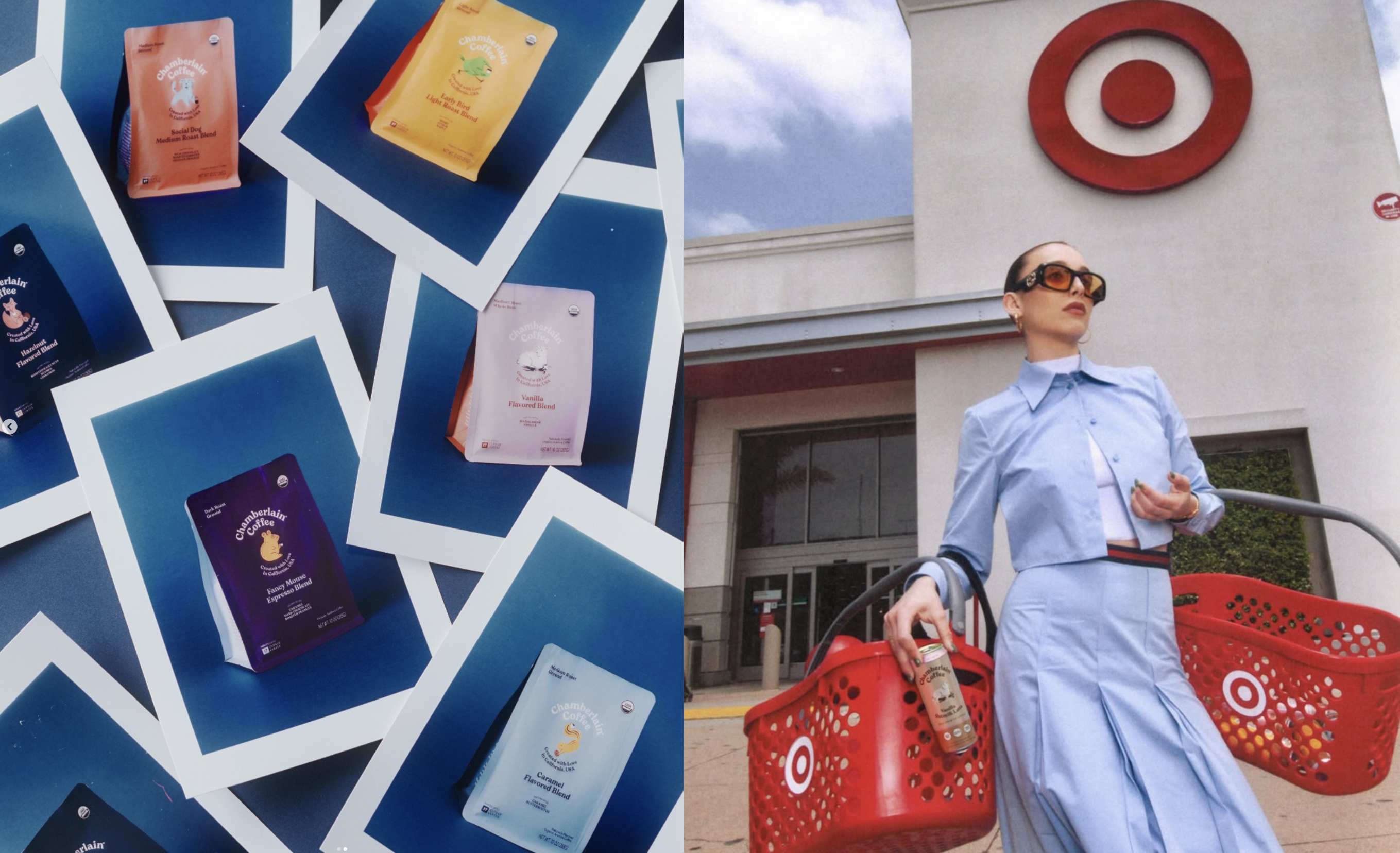 Emma Chamberlain coffee advertisement packaging and target collab