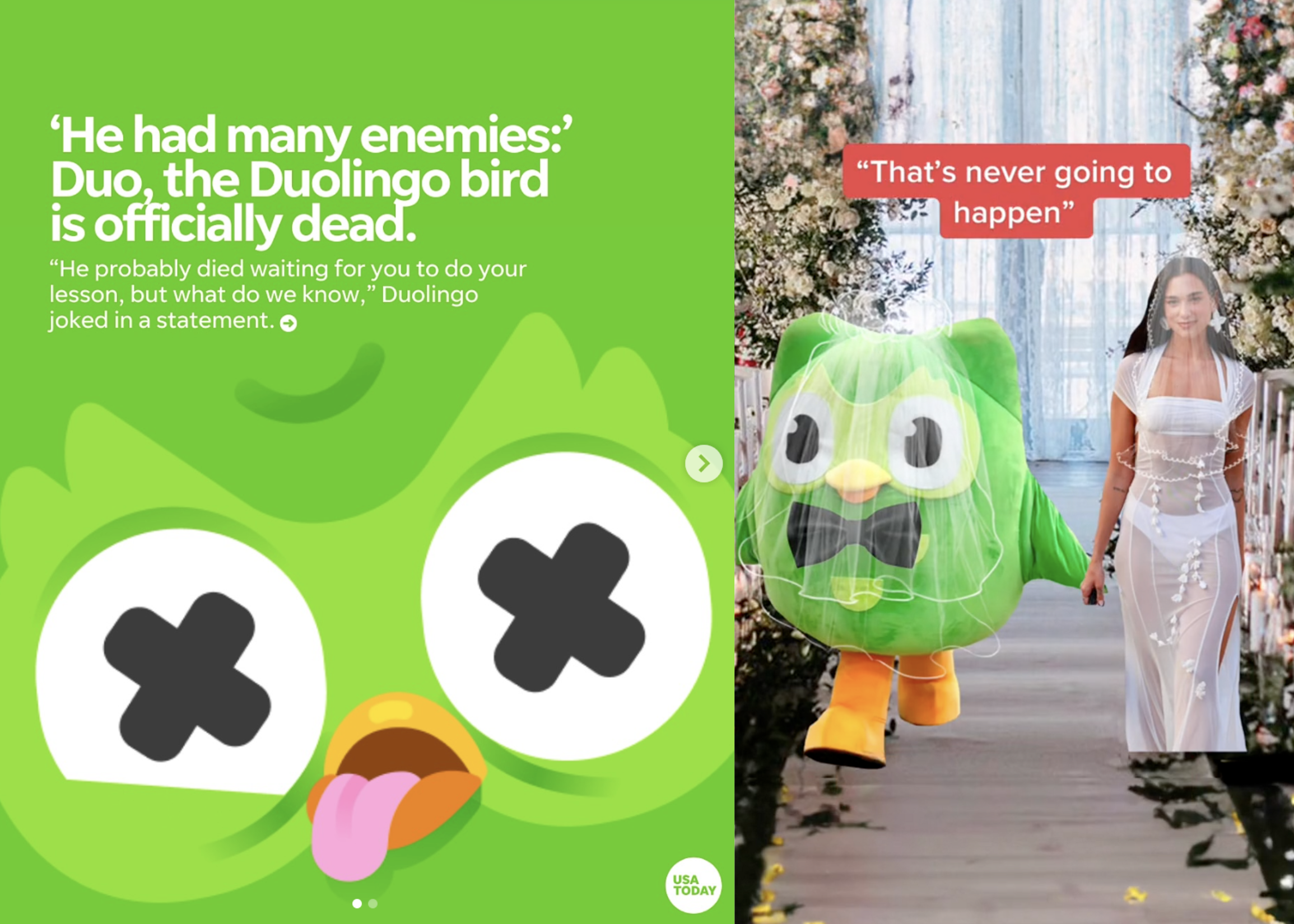 Duolingo screenshot of captions of death and dua lipa