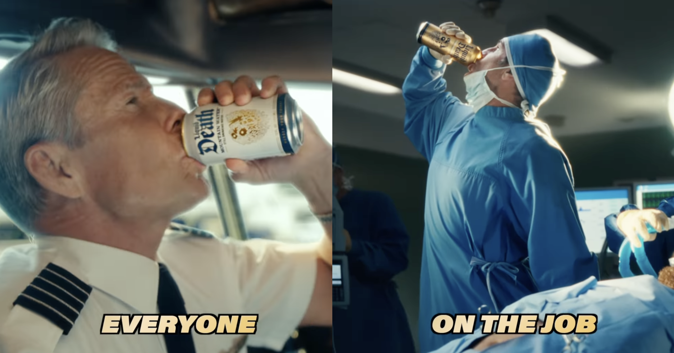 Screenshot of Liquid Death advertisement of pilot and doctor drinking out of can